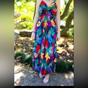 Skies Are Blue Floral Sleeveless Tropical Pleated Maxi Dress Flowy NEW
